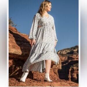 Arula Blue Ivory Tiered Floral Maxi Dress Cut Out Blouson Long Sleeve Size C 3X